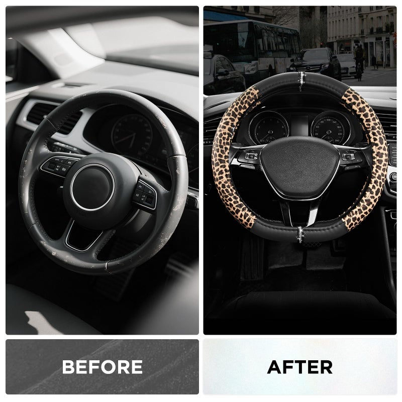 Road Comforts Leopard Steering Wheel Cover - Made with PVC Leather Cheetah Print, D-Shaped Automotive Steering Wheels - Anti-Slip, Universal Fit 14 1/2 inches to 15 inches - Black - Image 3