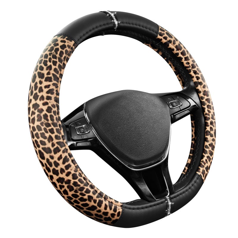 Road Comforts Leopard Steering Wheel Cover - Made with PVC Leather Cheetah Print, D-Shaped Automotive Steering Wheels - Anti-Slip, Universal Fit 14 1/2 inches to 15 inches - Black - Image 2