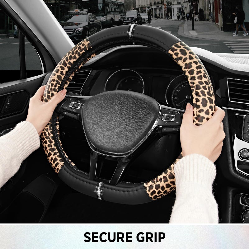 Road Comforts Leopard Steering Wheel Cover - Made with PVC Leather Cheetah Print, D-Shaped Automotive Steering Wheels - Anti-Slip, Universal Fit 14 1/2 inches to 15 inches - Black - Image 5