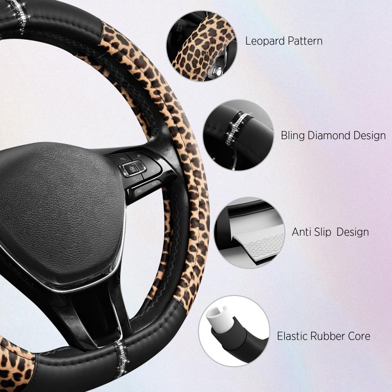Road Comforts Leopard Steering Wheel Cover - Made with PVC Leather Cheetah Print, D-Shaped Automotive Steering Wheels - Anti-Slip, Universal Fit 14 1/2 inches to 15 inches - Black - Image 4