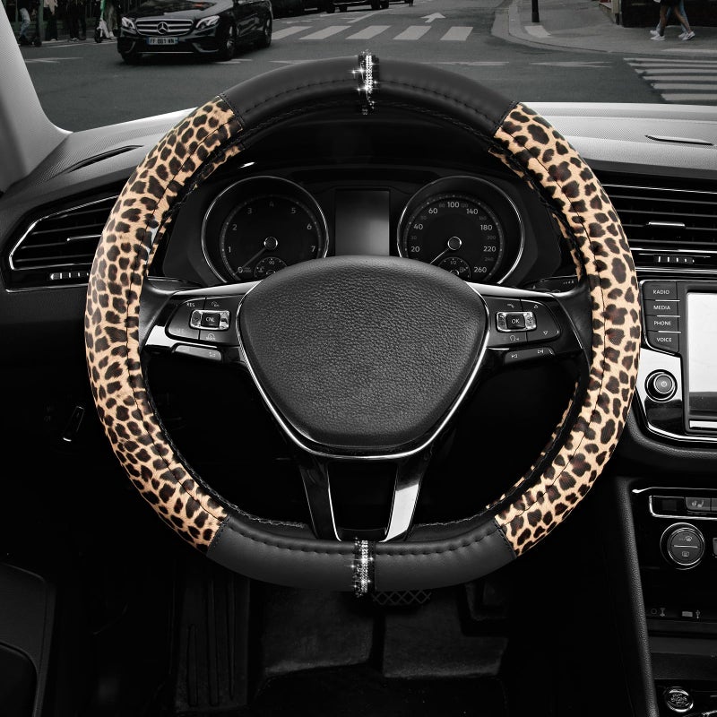 Road Comforts Leopard Steering Wheel Cover - Made with PVC Leather Cheetah Print, D-Shaped Automotive Steering Wheels - Anti-Slip, Universal Fit 14 1/2 inches to 15 inches - Black - Image 1