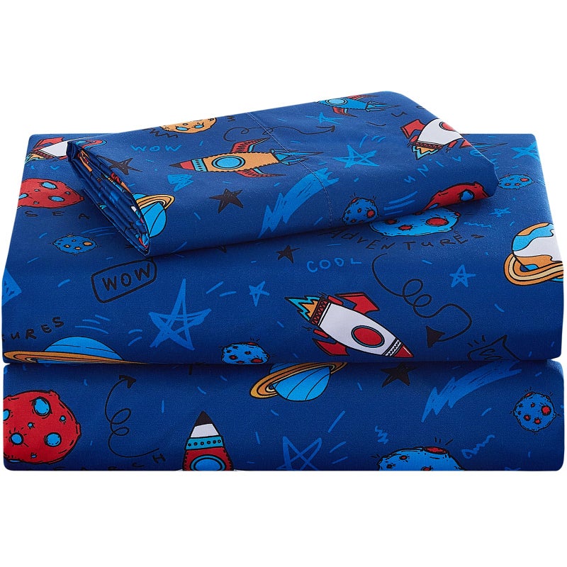lasoftan Kids Sheet Set Twin Size, Twin Sheet Set with Space Universe Pattern，Breathable Silky Soft Microfiber Kids Fitted Sheet - Image 1