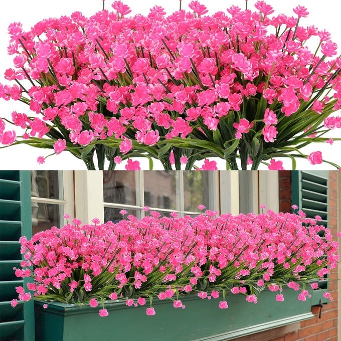 8 BUNDLES ARTIFICIAL FLOWERS FAKE ARTIFICIAL GREENERY UV RESISTANT NO FADE FAUX PLASTIC PLANTS FOR WEDDING BRIDLE BOUQUET INDOOR OUTDOOR HOME GARDEN KITCHEN OFFICE TABLE VASE PINK