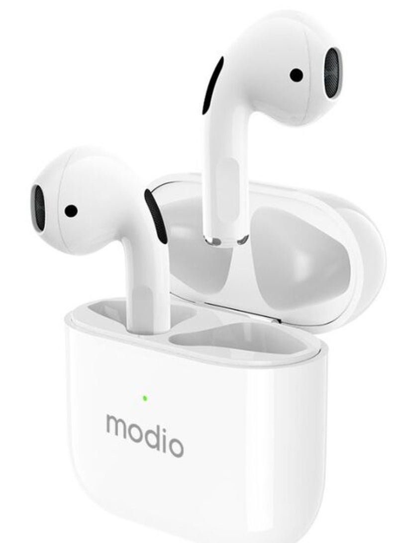 modio True Wireless Stereo Headset (White) with Free Case (Blue/Red) – Premium Sound, Comfortable Fit, and Convenient Charging Case - Image 3