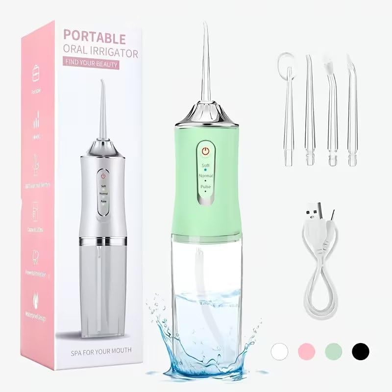 HIRTI Water Flosser Oral Irrigator with 3 Modes, 4 Jets, IPX7, Cordless Rechargeable Irrigation Cleaner with 220ml Detachable Water Tank for Teeth Cleaning, Multicolor (White, Green, Pink) - Image 3