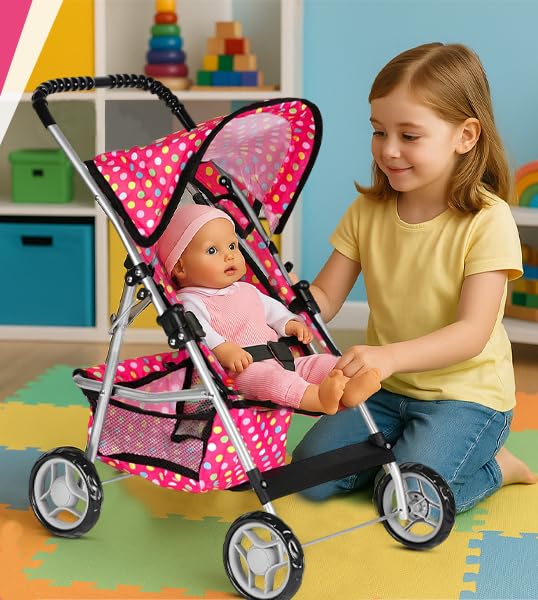 fash n kolor  Deluxe Doll Stroller My First Baby Doll Strollers Toy with Bigger Wheels  Polka Dot Design with Basket in The Bottom  Dolls to Play Baby Doll Stroller for Girls - Image 5