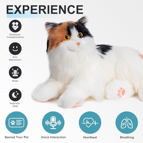 Chongker Interactive Companion Robot Cat Weighted Breathing Stuffed Animals Cat Plush Toy with Meow Voice Breathing Response Realistic Heartbeat and Purring Dark Calico Cat - Image 5