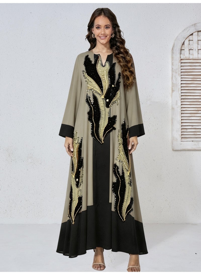 Kaiyuede Women's Green Black Color Block Jalabiya with Velvet Leaf Appliqué & Gold Sequin Embroidery, Notch V-Neck Modest Maxi Dress for Eid & Weddings - Image 1