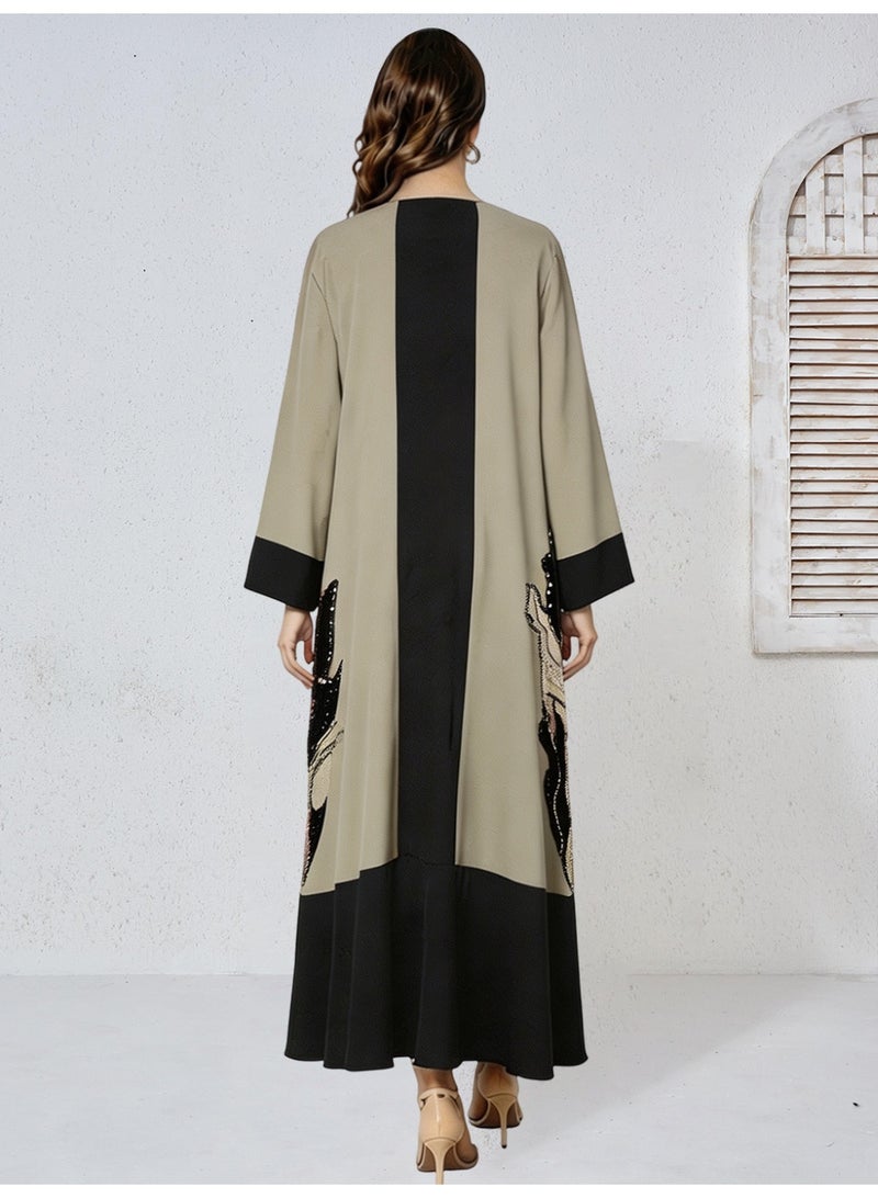 Kaiyuede Women's Green Black Color Block Jalabiya with Velvet Leaf Appliqué & Gold Sequin Embroidery, Notch V-Neck Modest Maxi Dress for Eid & Weddings - Image 2