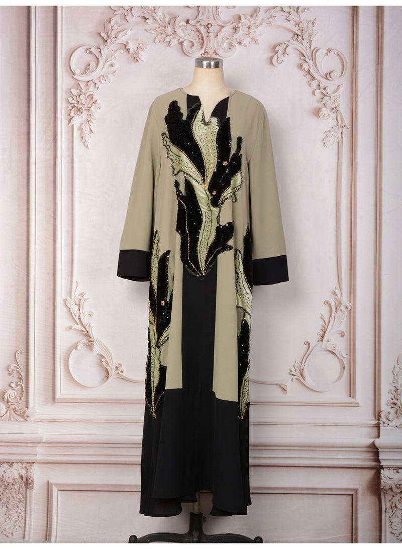 Kaiyuede Women's Green Black Color Block Jalabiya with Velvet Leaf Appliqué & Gold Sequin Embroidery, Notch V-Neck Modest Maxi Dress for Eid & Weddings - Image 4