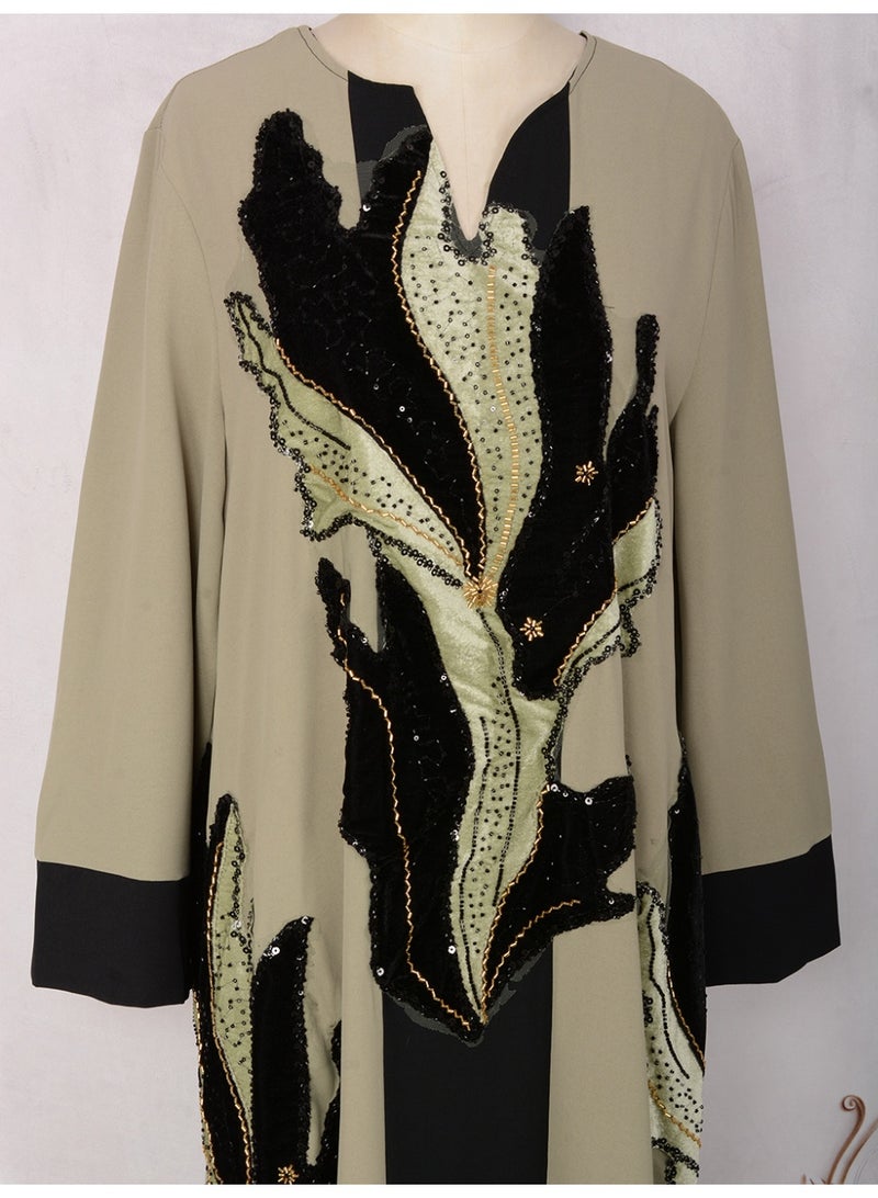 Kaiyuede Women's Green Black Color Block Jalabiya with Velvet Leaf Appliqué & Gold Sequin Embroidery, Notch V-Neck Modest Maxi Dress for Eid & Weddings - Image 5