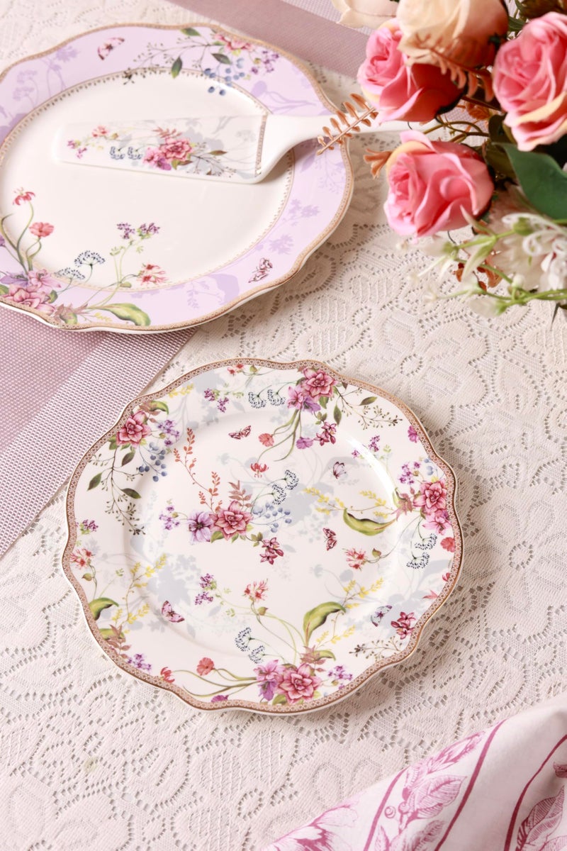 Vigneto Lilac Garden Snack Set (1 Serving Plate, 6 Quarter Plates, 1 Server) | Finest Premium Porcelain | Luxury Floral Tableware - Image 3