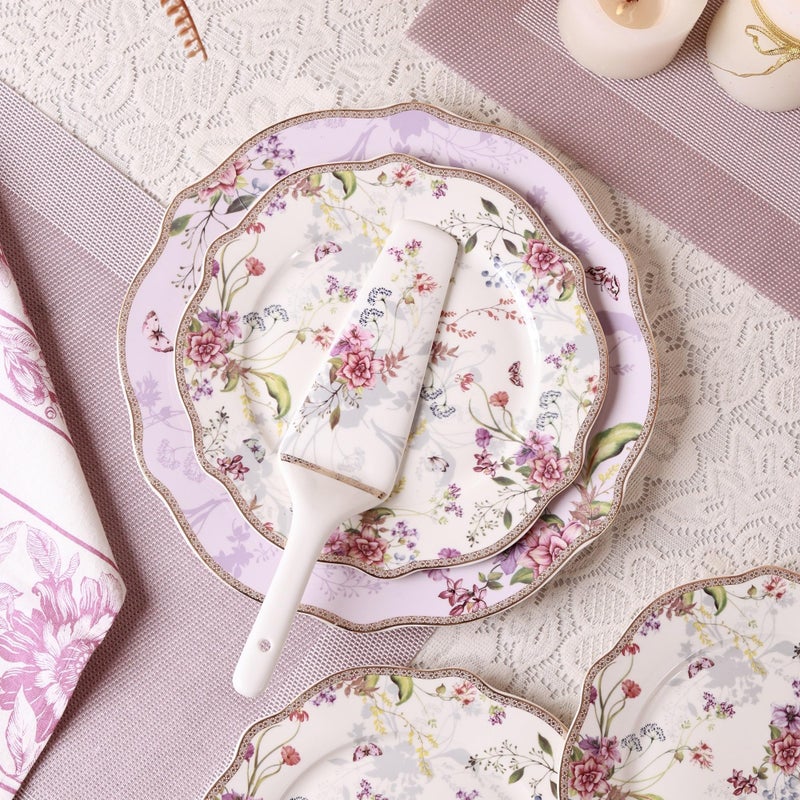 Vigneto Lilac Garden Snack Set (1 Serving Plate, 6 Quarter Plates, 1 Server) | Finest Premium Porcelain | Luxury Floral Tableware - Image 1