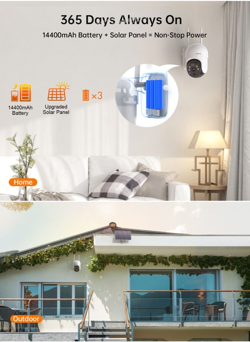 Wireless Outdoor Security Camera Upgraded Solar Security Camera with 14400mAh Rechargeable Battery 2.4G WiFi 1080P Color Night Vision IP65 2-Way Audio Pan Tilt 3X Zoom PIR Detection