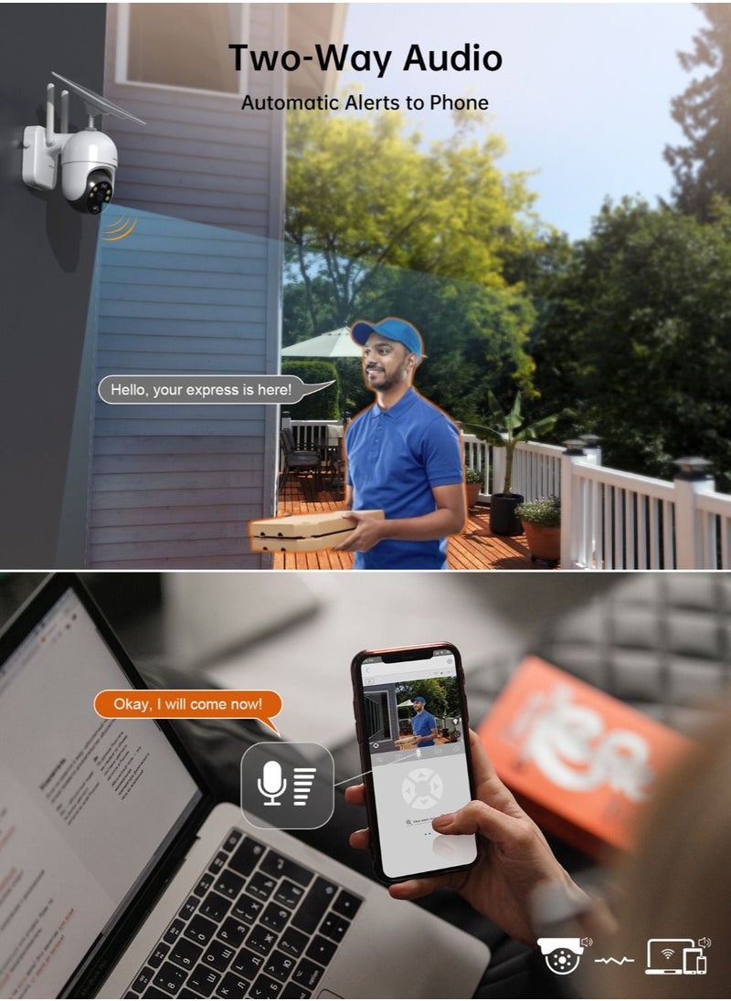 Wireless Outdoor Security Camera Upgraded Solar Security Camera with 14400mAh Rechargeable Battery 2.4G WiFi 1080P Color Night Vision IP65 2-Way Audio Pan Tilt 3X Zoom PIR Detection