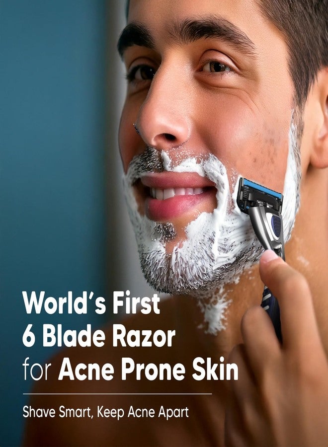 LetsShave Pro 6 Acne Friendly Razor for Men | Anti-Acne Shaving Kit with 1 Handle, 2 Blades & Razor Cap | Clog-Free 6-Blade Design with Beard Styling Back-Blade | Gentle on Acne-Prone Skin - Image 2