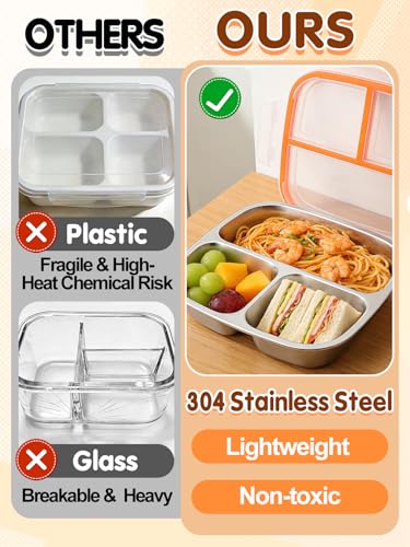 Alphatool Portable Stainless Steel Snack Containers for Kids - 3 Compartments Includes 10 oz & 5 oz, Dishwasher Safe Lunch Box Bento Box for School Office, 1 pack - Image 2