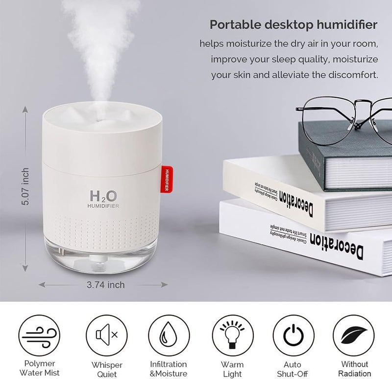 MOVTIP Portable Mini Humidifier, 500ml Small Cool Mist Humidifier, USB Personal Desktop Humidifiers for Baby Bedroom Travel Office Home, Auto Shut-Off, 2 Mist Modes, Super Quiet, White - Image 2