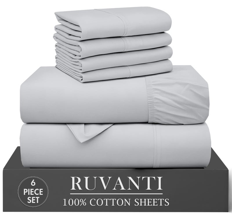 RUVANTI 6 Pcs Cotton Sheets - 100% Natural Cotton Soft, Lightweight & Breathable Crispy Percale Sheets, Full Size Bed Sheets 16" Deep Pockets, Cloud Gray - Image 1