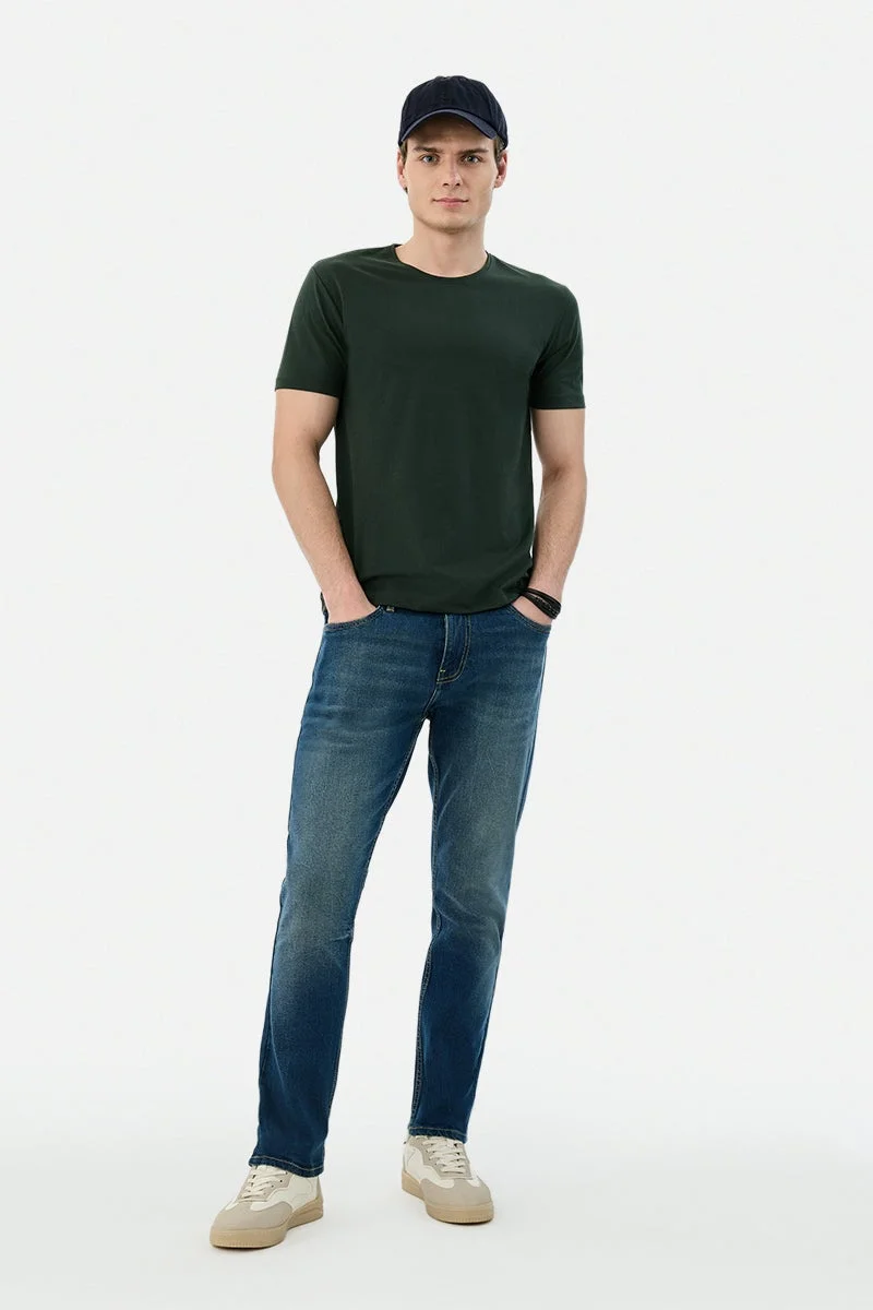 SNITCH Dark Green Solid Half Sleeve Regular Fit T-Shirt