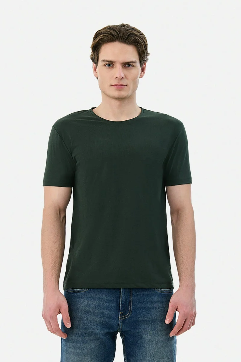 SNITCH Dark Green Solid Half Sleeve Regular Fit T-Shirt