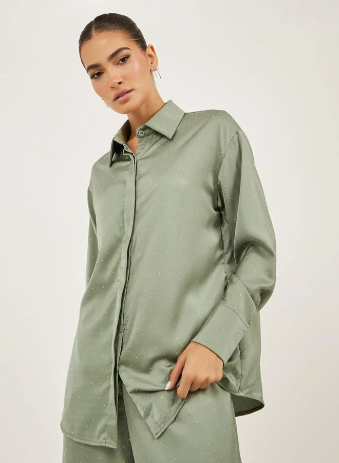 Styli Oversized Embellished Shirt and Wide Leg Pants Co-Ords