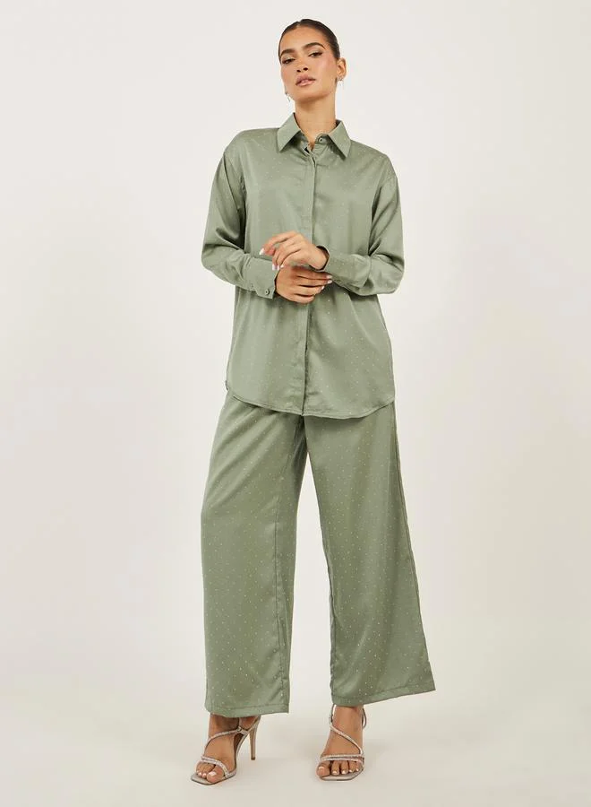 Styli Oversized Embellished Shirt and Wide Leg Pants Co-Ords