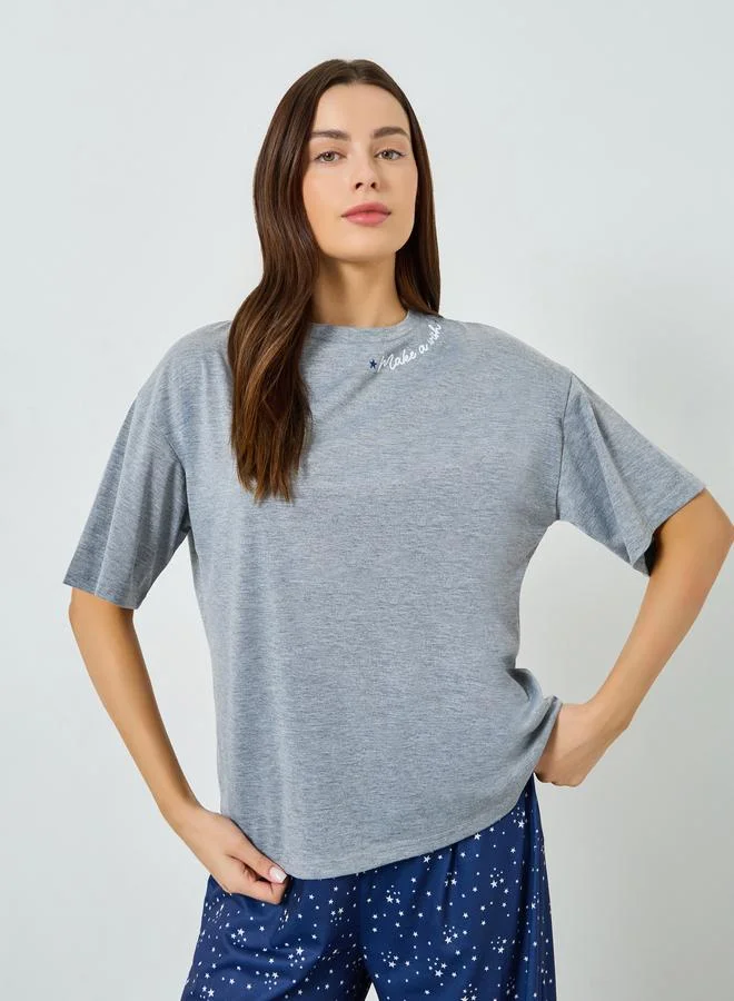 Styli Make A Wish Neck Slogan T-Shirt and Star Print Pyjama Set