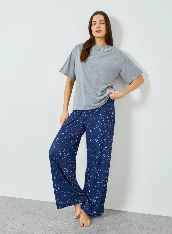 Styli Make A Wish Neck Slogan T-Shirt and Star Print Pyjama Set