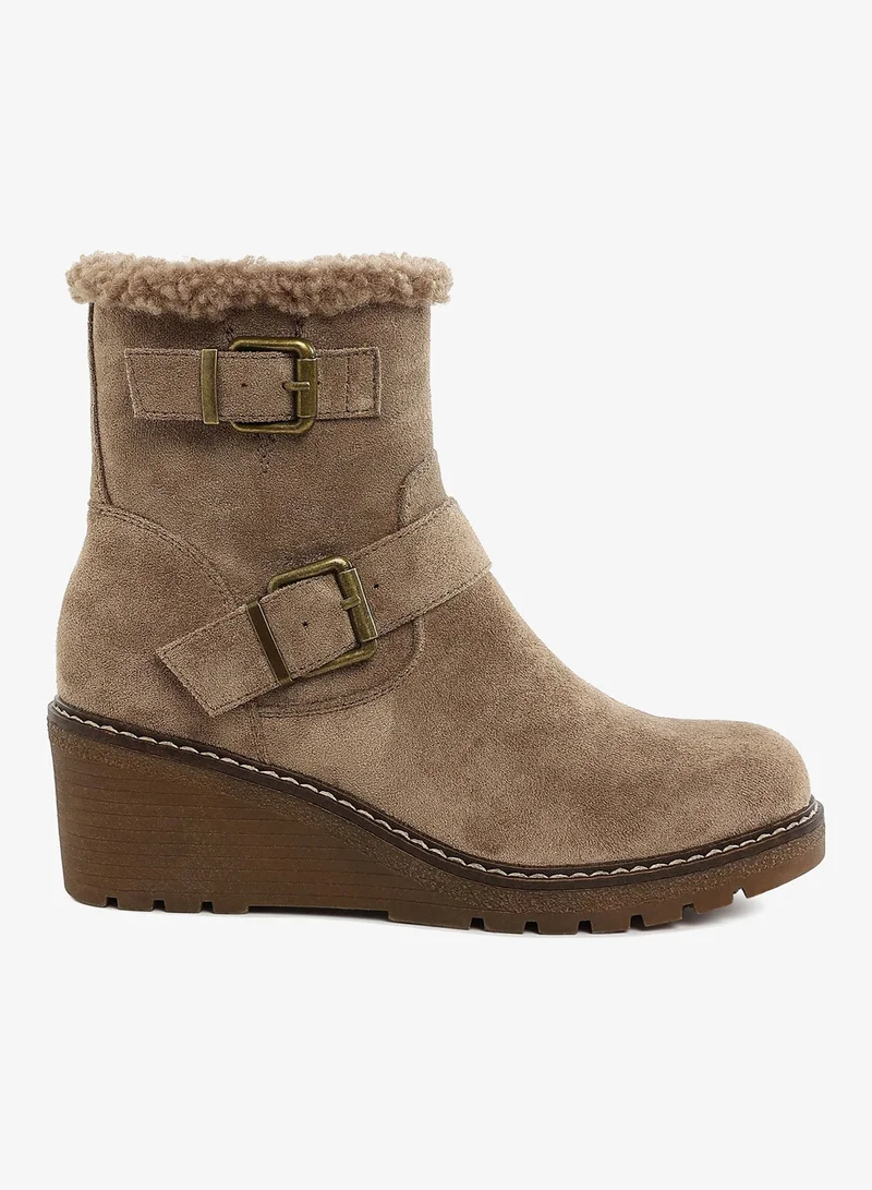 Faux Fur Harness Boots in Taupe