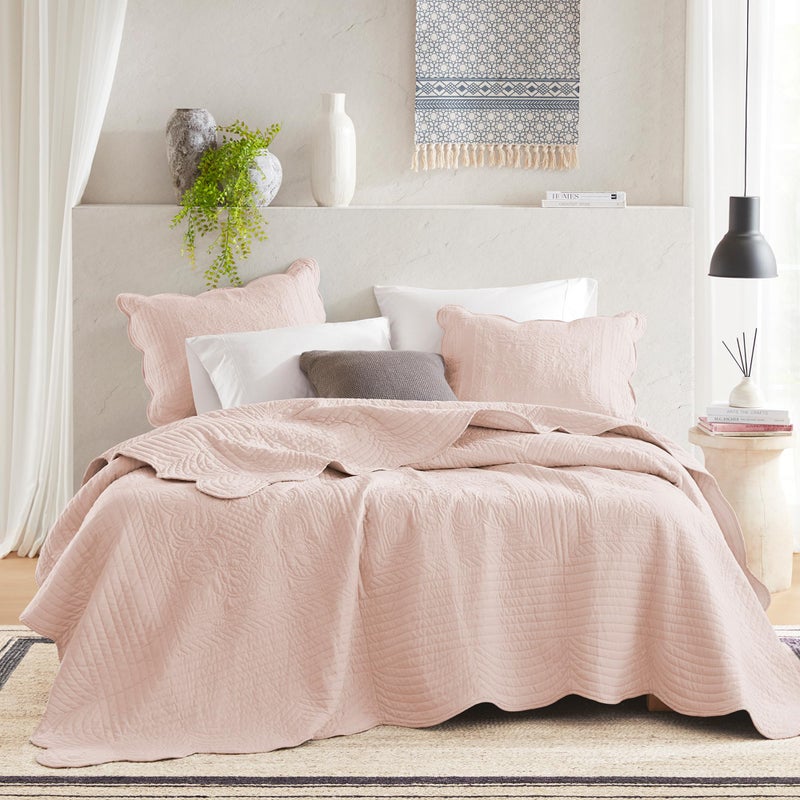 Madison Park King Quilt Set Damask Coverlet Set for King Size Bed, Cottage Oversized Quilt Set, Scallop Edge, All Season, Pre-washed Cotton-Filled King Size Quilt, Tuscany, King/Cal King Blush 3 Piece - Image 1