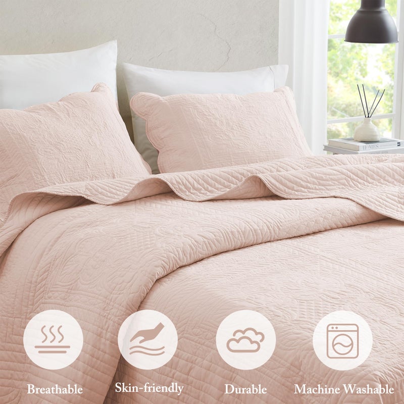 Madison Park King Quilt Set Damask Coverlet Set for King Size Bed, Cottage Oversized Quilt Set, Scallop Edge, All Season, Pre-washed Cotton-Filled King Size Quilt, Tuscany, King/Cal King Blush 3 Piece - Image 5