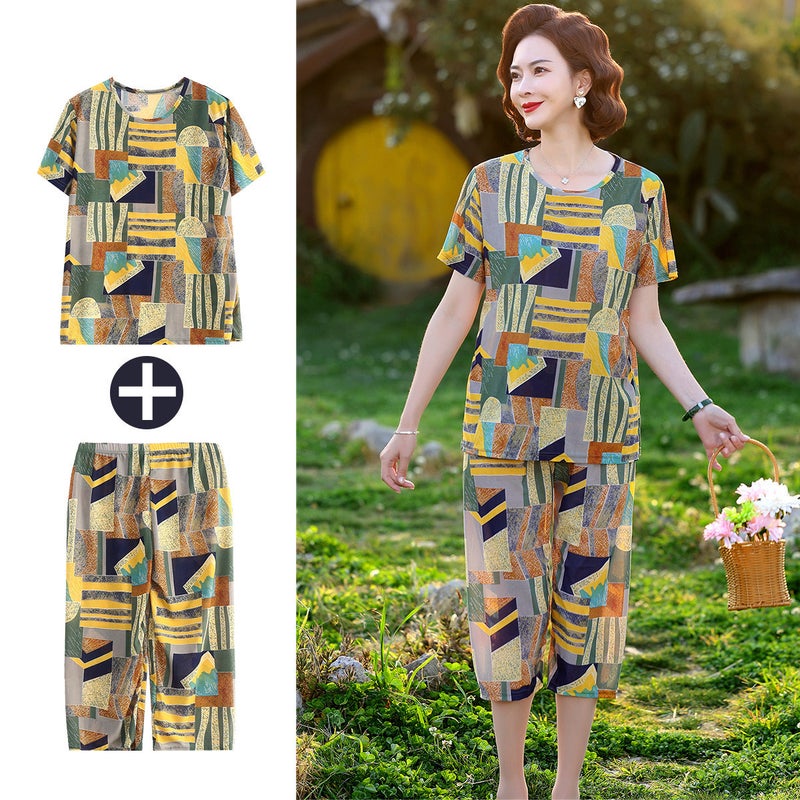 2024 Ice Silk Plus Size Womens Summer Two-Piece Set GREEN YELLOW GEOMETRIC CHECK 