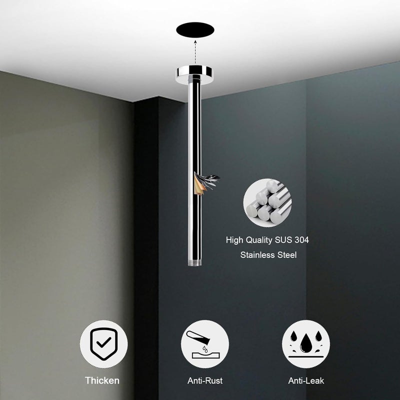 HarJue Ceiling Mounted Shower Arm, Rain Shower Extension Arm with Flange and Teflon Tape Stainless Steel Ceiling Mount Shower Extender for Fixed Shower Head (12 Inch, Chrome) - Image 2