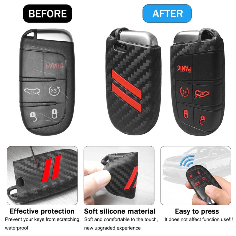 YOSRTER Key Fob Cover with Keychain for Dodge Charger Durango Challenger Journey Dart Remote Control Key Fob Protect Shell Key Holder for Dodge Accessories (Carbon Fiber red Trim) - Image 2