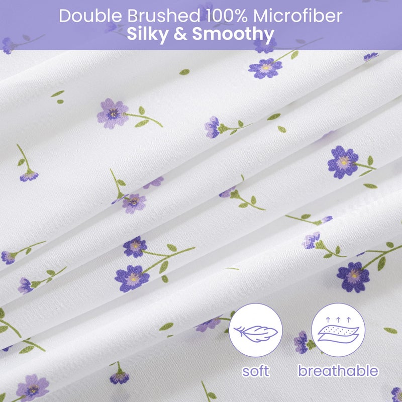 Softan Floral Queen Sheet Set Purple Flower Bed Sheets Printed Queen Size - 4 Piece Microfiber Patterned Fitted Sheets with 15" Deep Pocket, Spring Flower Sheets and Pillowcase Set - Image 4