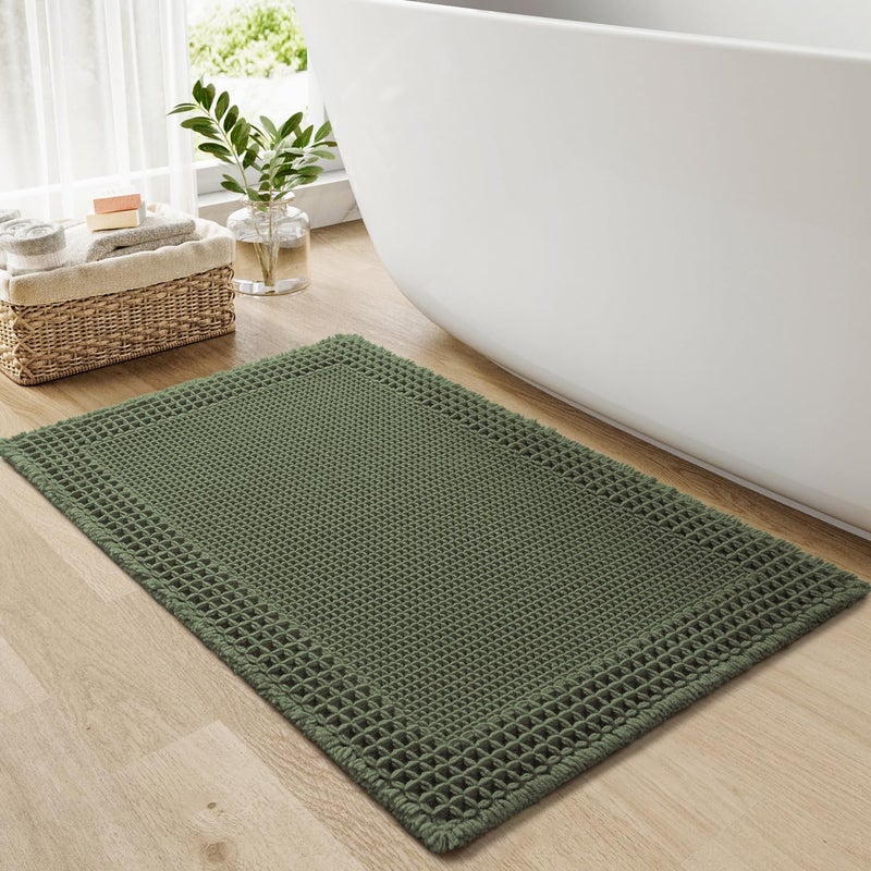 RESARE Christmas Waffle Bath Mat for Bathroom, Super Absorbent Bathroom Rugs Non Slip Machine Washable, Ultra Soft Quick Dry Boho Bath Rugs with Tassels for Floor, Bordered Design, 17"x24" Green - Image 1