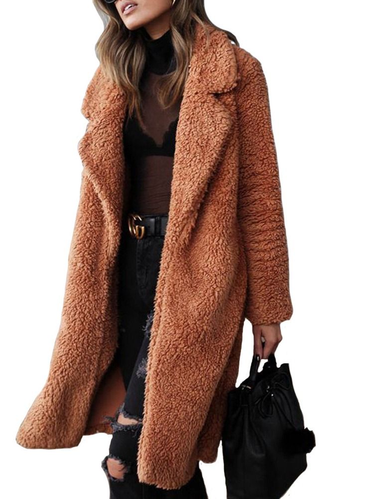 Loquat Women's Autumn/Winter Fashion Lapel Medium Length Plush Overcoat 