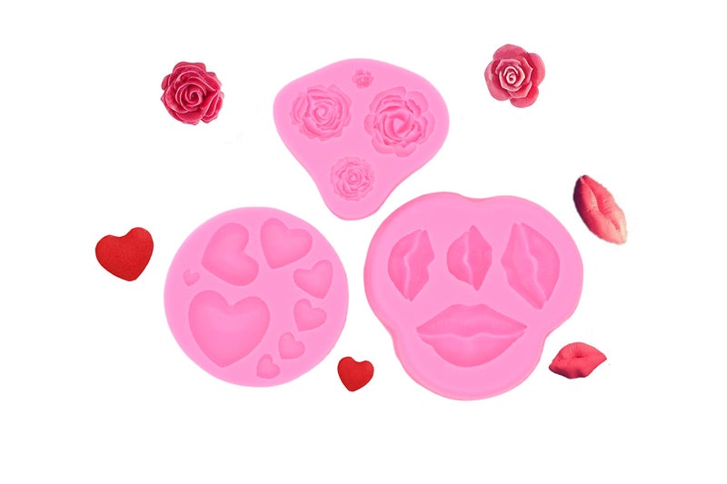 FEILIBAY 3 Pack Silicone Fondant Cake Molds  Rose Flower  Lips  Heart Shape Candy Molds Set for Chocolate Making  Cake  Valentines Day  Wedding Decoration  Polymer Clay Craft Project - Image 1