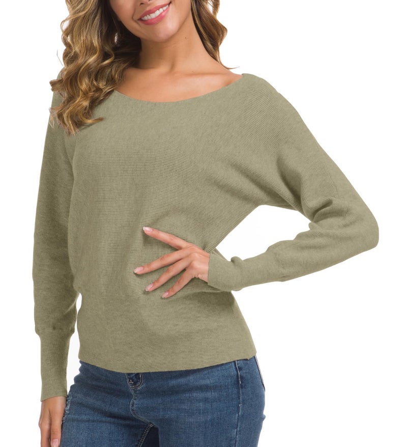 Feiersi Women's Off Shoulder Sweater Long Sleeve Loose Pullover Knit Jumper (Gray Green,X-Large) - Image 4