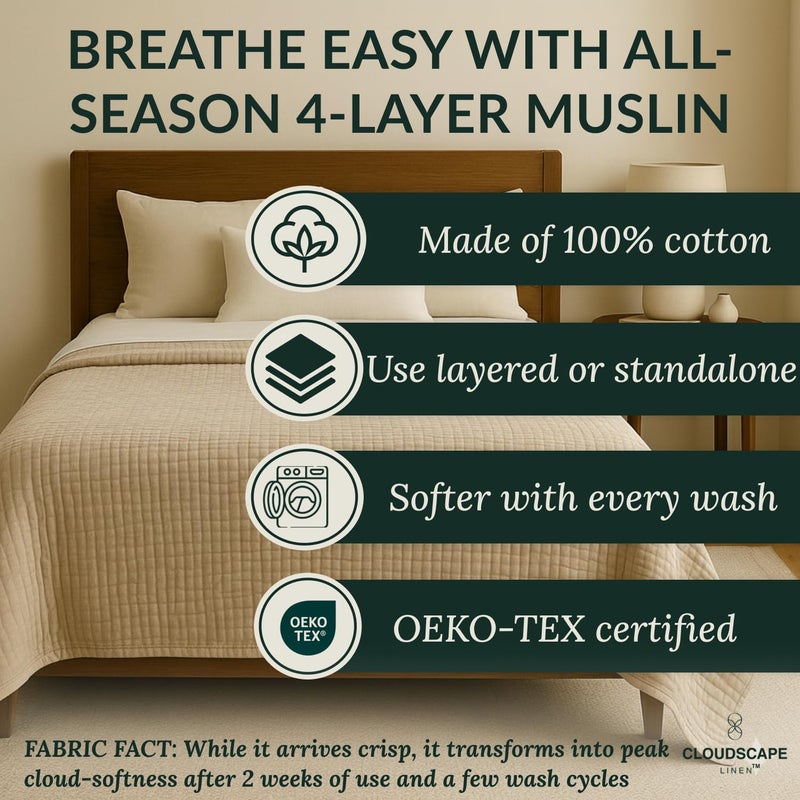 CloudScape Linen CLOUDSCAPE 100% Cotton Muslin Blanket King Size for Bed - Oversized 4 Layer 108x92 Fits Upto Cal King Bed - Soft Breathable, Gauze, Lightweight, All Season, Summer Layering Blankets for Adults - Fog - Image 2