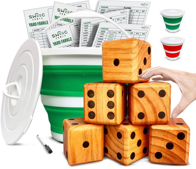 SWOOC Yardzee Farkle  20 Games  LightWeight Yard Dice Game Set All Weather with Collapsible Bucket 5 Big Laminated Score Cards and Marker Choose 25in or 35in Dice Yard Games - Image 2