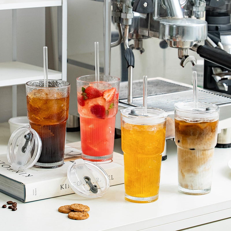 SoulTimes 20oz Glass Tumblers with Lids and Straws, Set of 2 - Stylish Ribbed Design Drinking Glasses for Iced Coffee Cups, Juice, Smoothies, Cold Beverages, Includes Cleaning Brush, Durable Glassware - Image 2