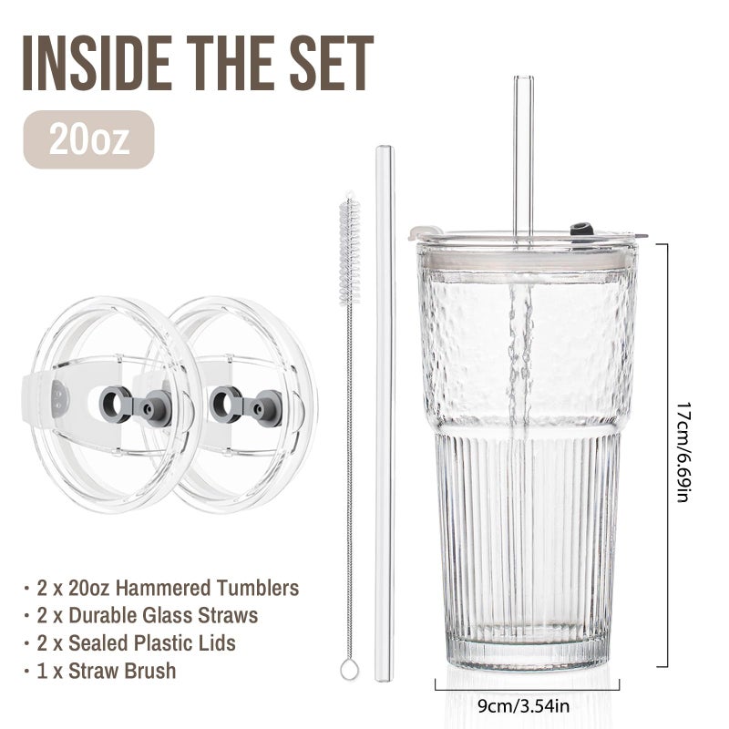 SoulTimes 20oz Glass Tumblers with Lids and Straws, Set of 2 - Stylish Ribbed Design Drinking Glasses for Iced Coffee Cups, Juice, Smoothies, Cold Beverages, Includes Cleaning Brush, Durable Glassware - Image 3