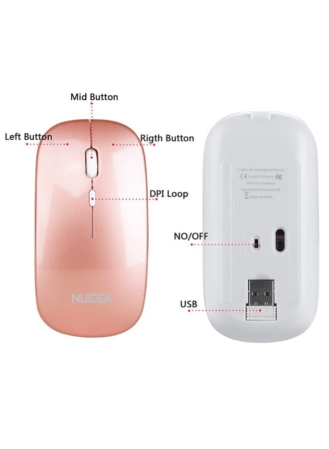 نُوِيق ماوس لاسلكي بتقنية Bluetooth، NUEEK، Bluetooth 5.1 + مستقبل لاسلكي USB 2.4 جيجاهرتز، ماوس لاسلكي بتقنية Bluetooth صامت قابل لإعادة الشحن من النوع C للكمبيوتر الشخصي والكمبيوتر المحمول والكمبيوتر اللوحي والهاتف المحمول، 3 إعدادات مسبقة قابلة للتعديل DPI (ذهبي وردي) - Image 5