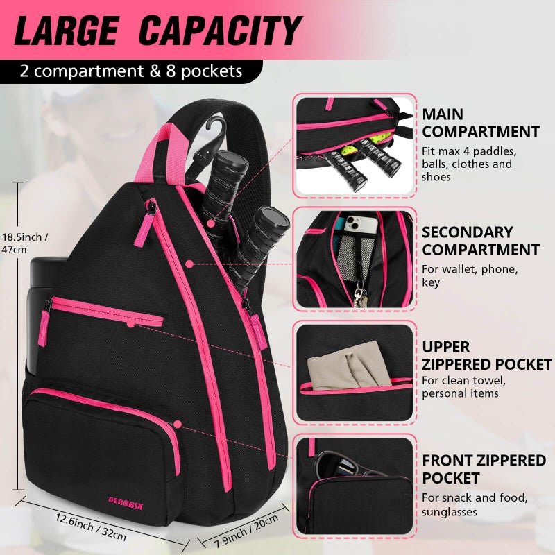 AEROBIX Pink Pickleball Bag for Women & Men, Pickle Ball Backpack - Upgraded Zippers, Large Capacity, Padded Paddle Pocket, Adjustable Sling Bag (No Accessories) - Image 2
