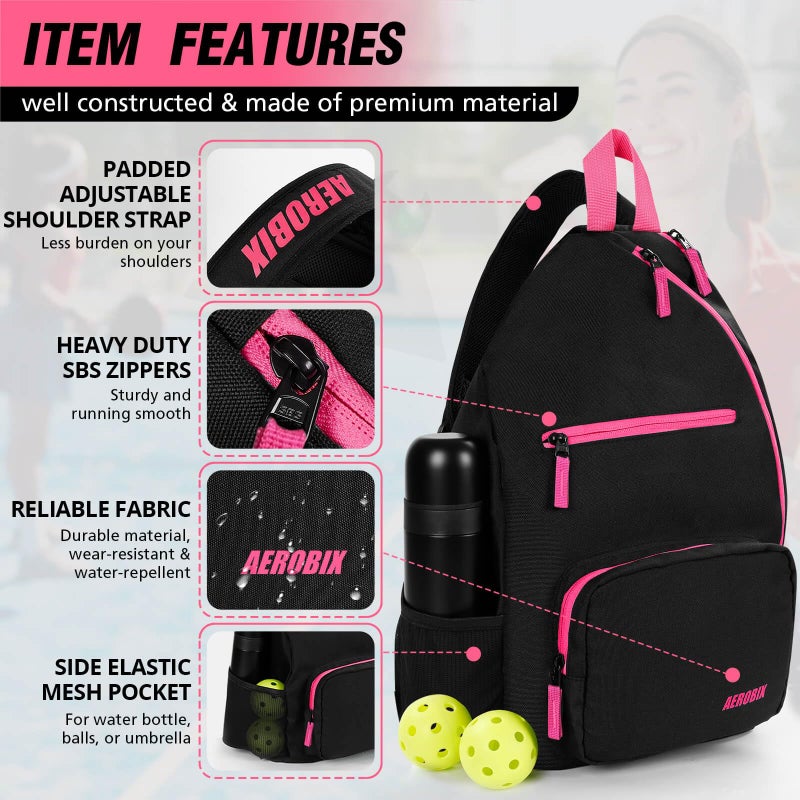 AEROBIX Pink Pickleball Bag for Women & Men, Pickle Ball Backpack - Upgraded Zippers, Large Capacity, Padded Paddle Pocket, Adjustable Sling Bag (No Accessories) - Image 3