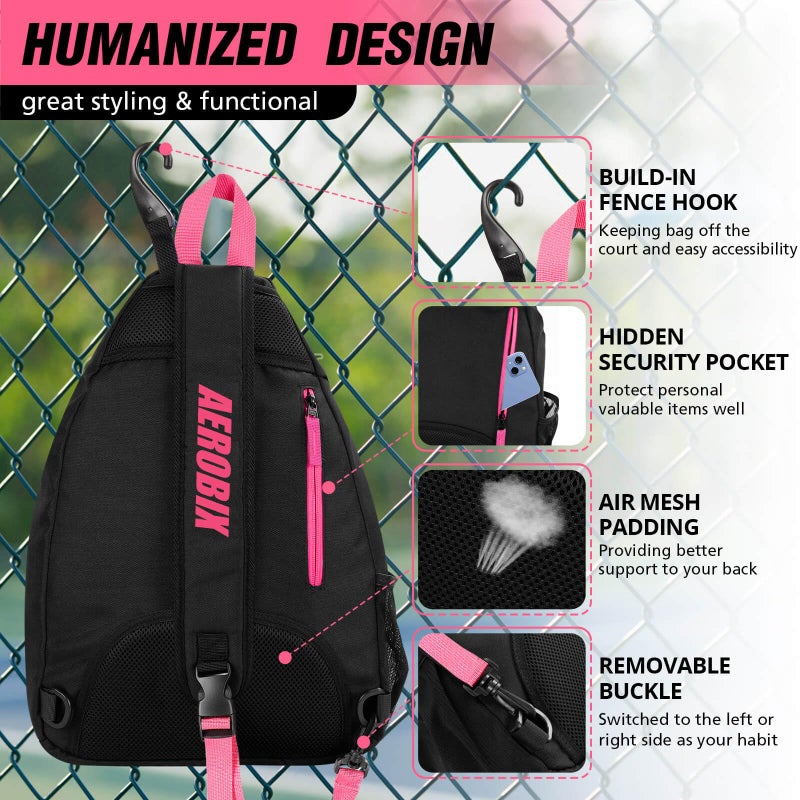 AEROBIX Pink Pickleball Bag for Women & Men, Pickle Ball Backpack - Upgraded Zippers, Large Capacity, Padded Paddle Pocket, Adjustable Sling Bag (No Accessories) - Image 4