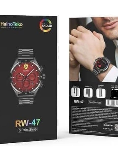 Haino Teko RW 47 AMOLED Large Round Screen Smartwatch with 3 Straps and Wireless Charger for Men Boys Black