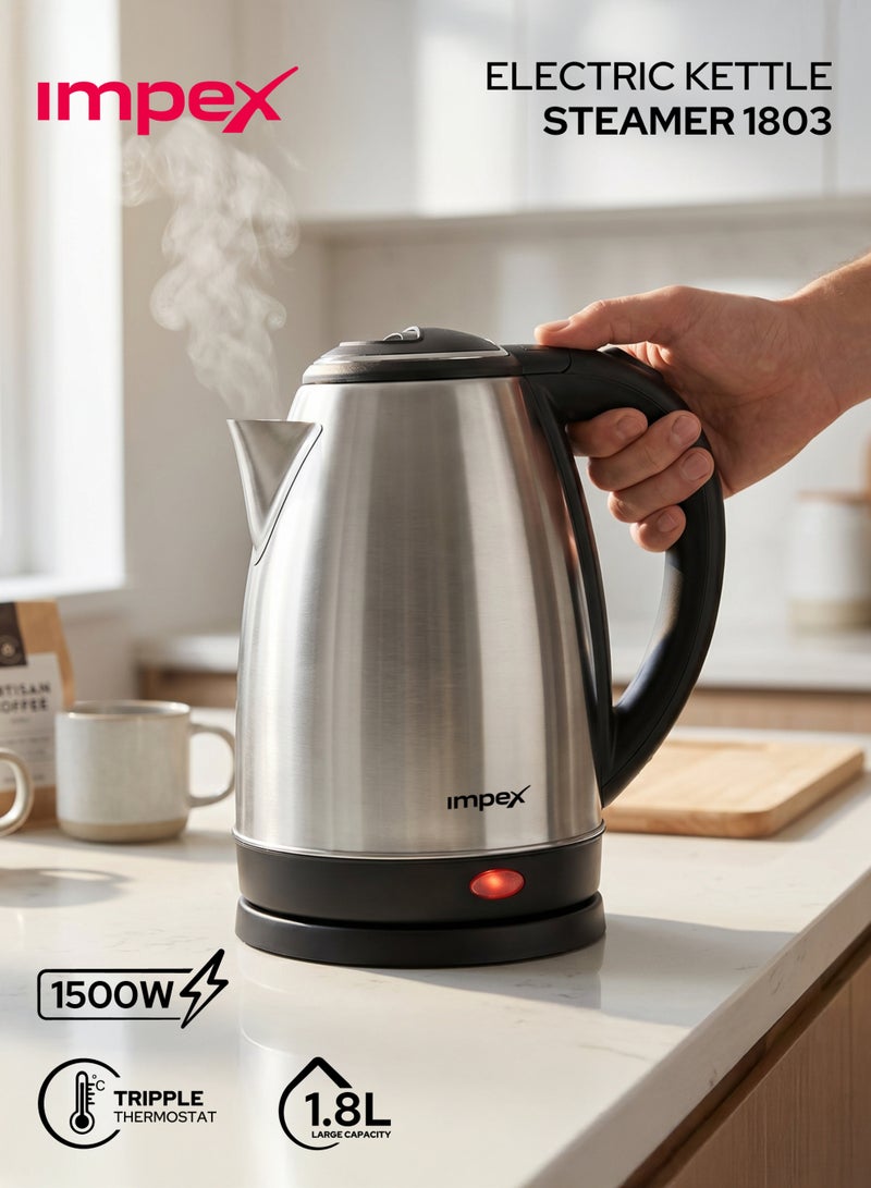 Impex Stainless Steel Electric Kettle With Triple Thermostat And Heat Resistant Handle, Quick Boiling, Hot Water, Coffee and Tea Maker Heating, Lightweight Design  1.8 Liter 1500W, 2 Year Warranty - Steamer 1803, Silver 1.8 L 1500 W 1803 Silver - Image 2